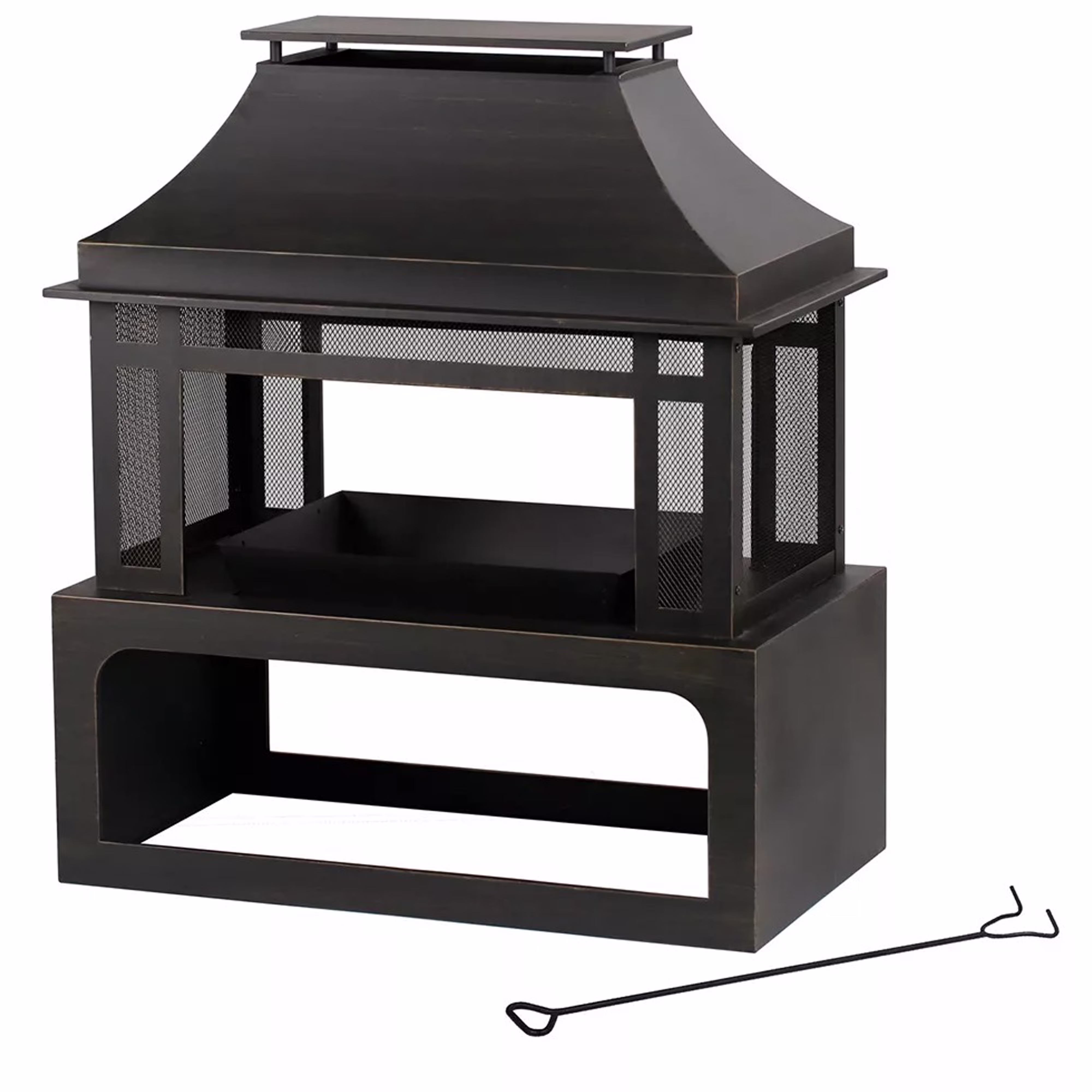 Four Seasons Courtyard Wood Burning Fireplace w/Log Rack & Tool, Black/Gold