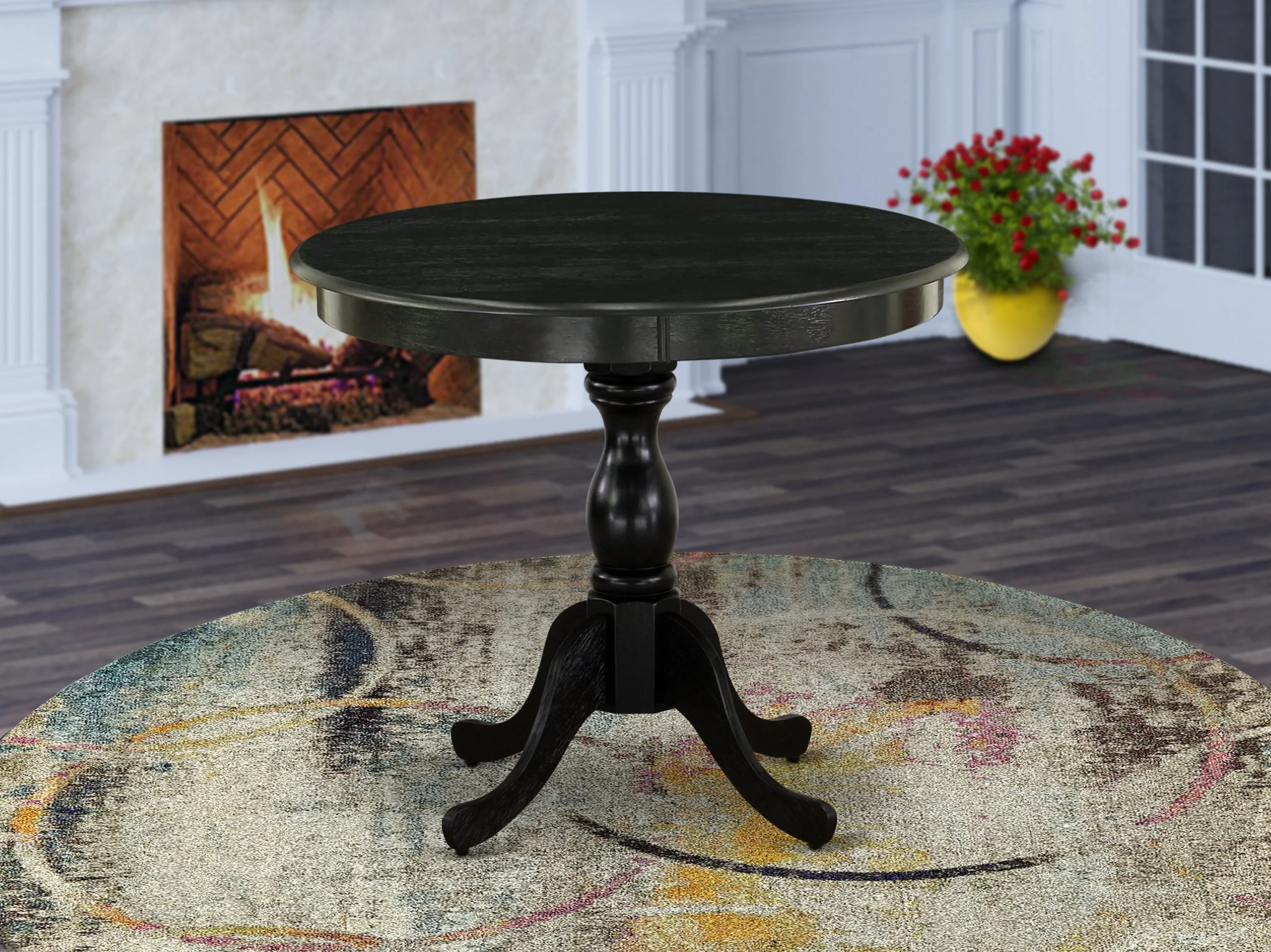 East West Furniture Round Small Dining Table Wire Brushed Black Color Table Top Surface and Asian Wood Small Table Pedestal Legs - Black Finish