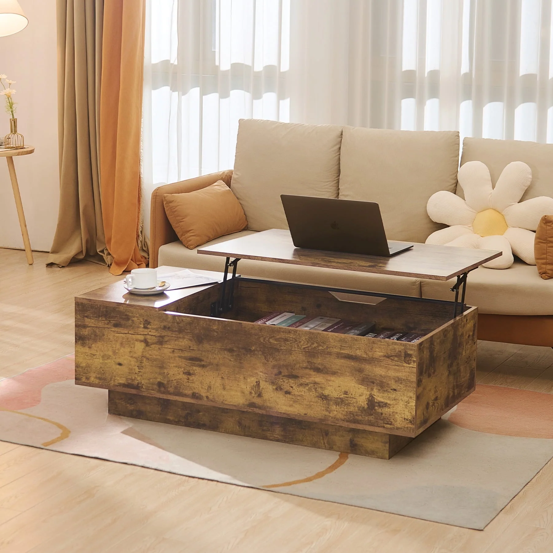 Bestco Living Room Lift Top Wooden Coffee Table with Storage Compartment Walnut Finish