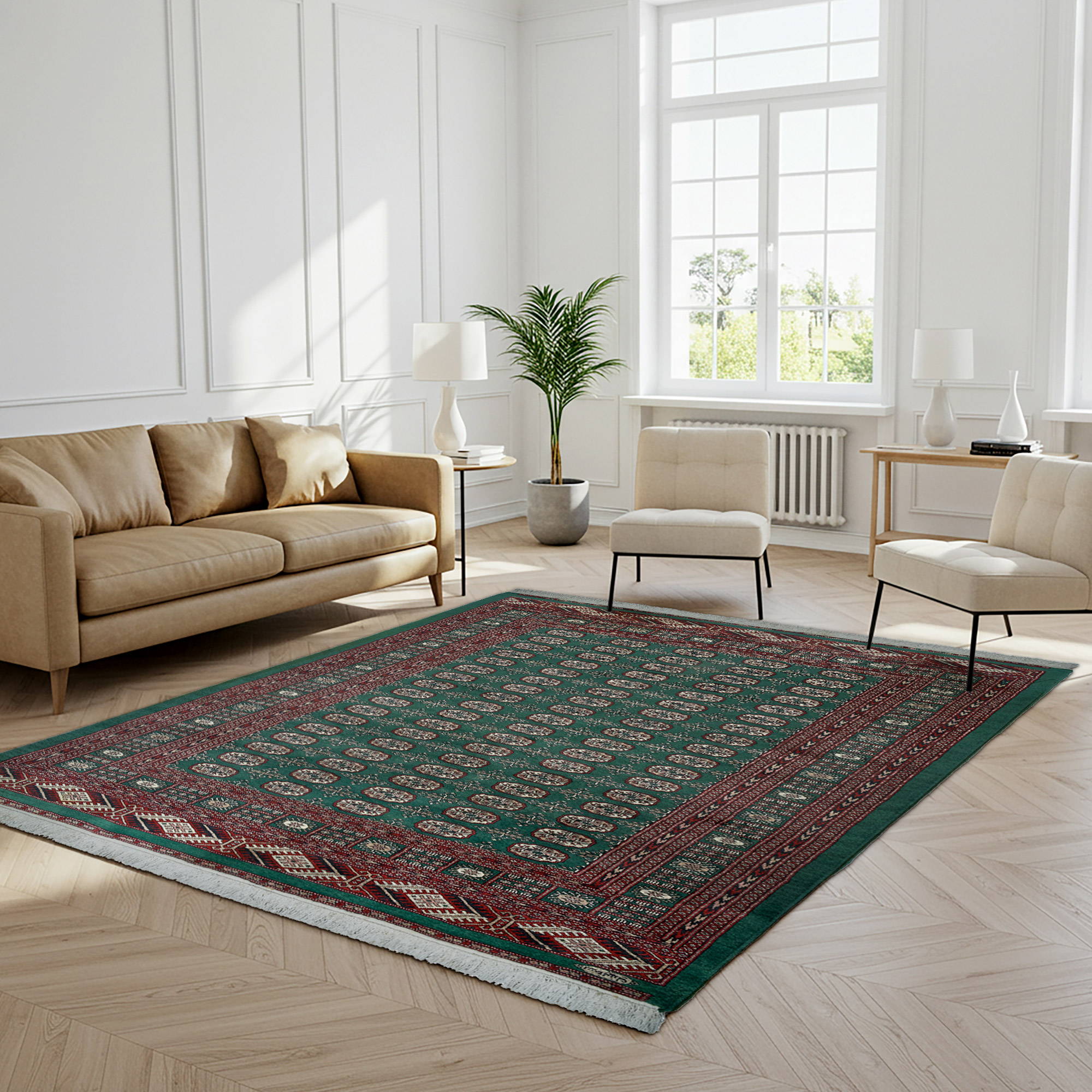 Pakistani Hand Knotted Rug Collection, Classic Bukhara Donegal Green