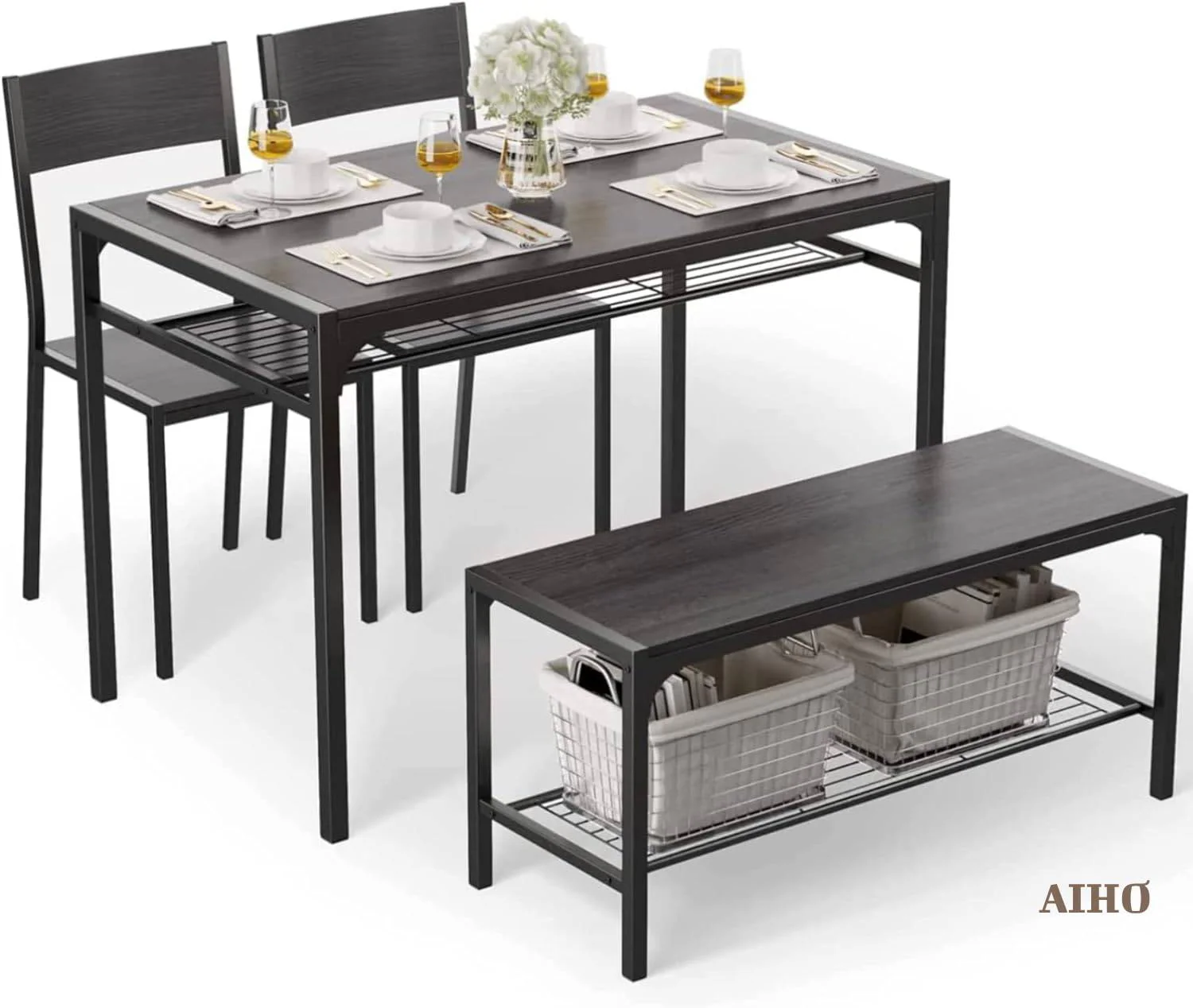 Aiho 4 Piece Kitchen Table with 2 Chairs and Bench for Dining Room, Black