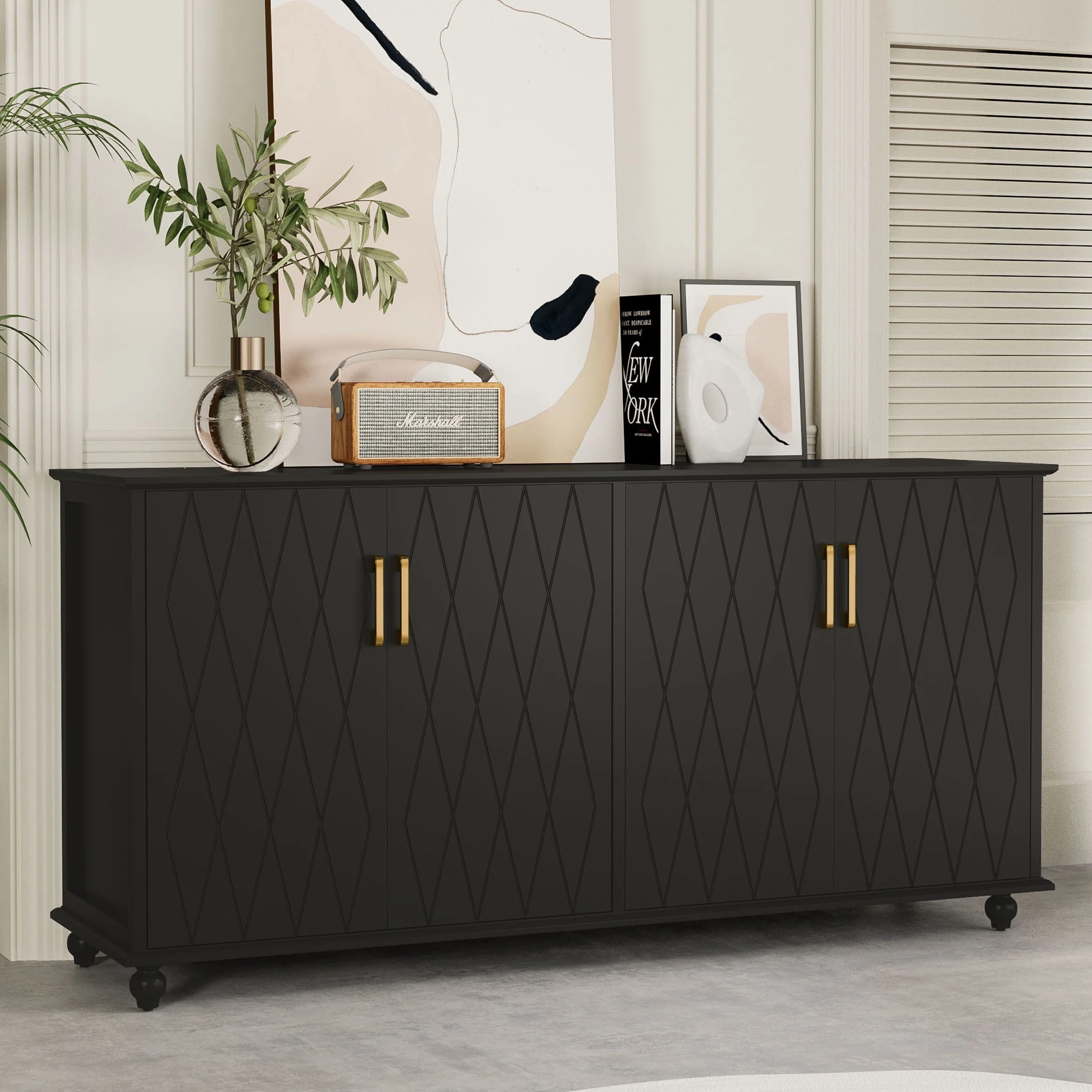 RULI Sideboard Buffet Cabinet Stand for Storage, 62 Inch Coffee Bar Cabinet with 4 Compartments, Kitchen Cupboard Console Table for Living Room, Dining Room, Black