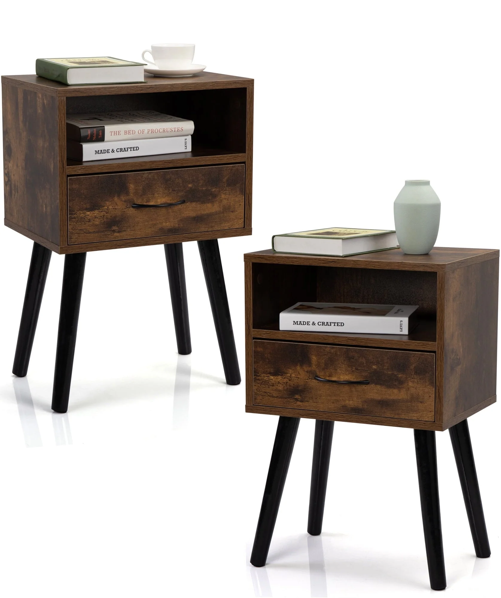 Modstyle Nightstand Set of 2 with Drawers, Mid Century Wood Nightstand Set