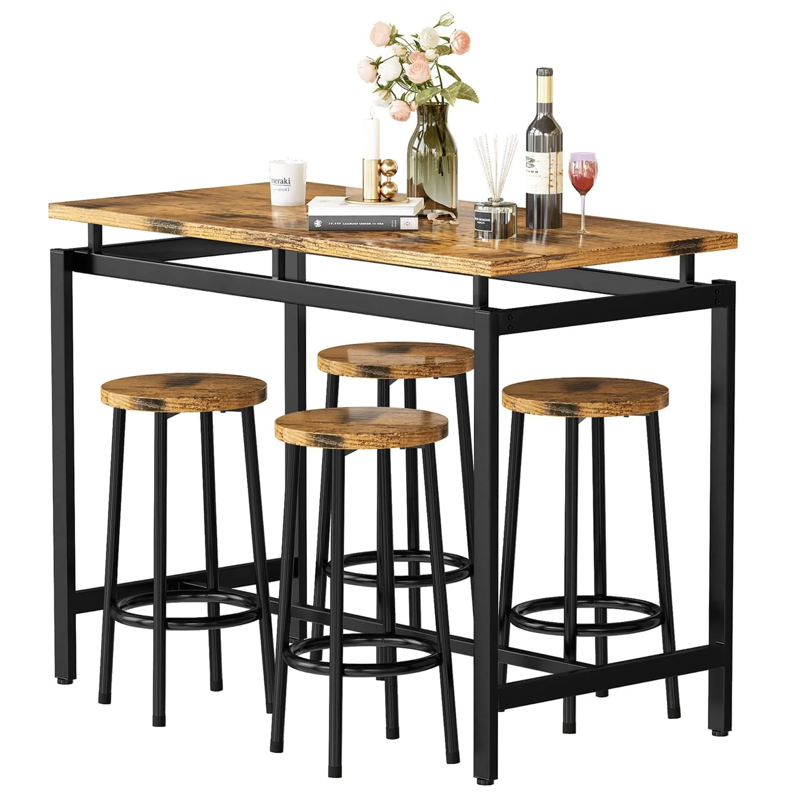 Recaceik Bar Dining Table Set for 4, Kitchen Bistro Table 34.6"H with 4 Round Stools