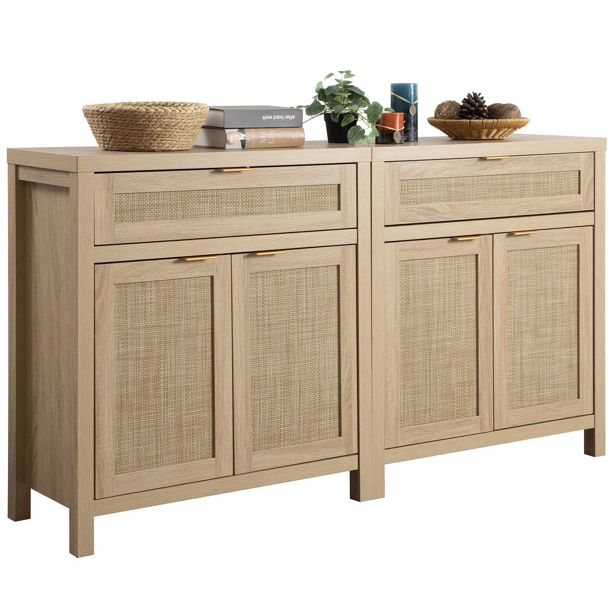 Nopurs Rattan Sideboard Buffet Cabinet Set of 2,Boho Storage Cabinet Buffet Table with Doors and Drawer,Coffee Bar Cabinet for Kitchen Entryway Living Dining Room,Light Oak