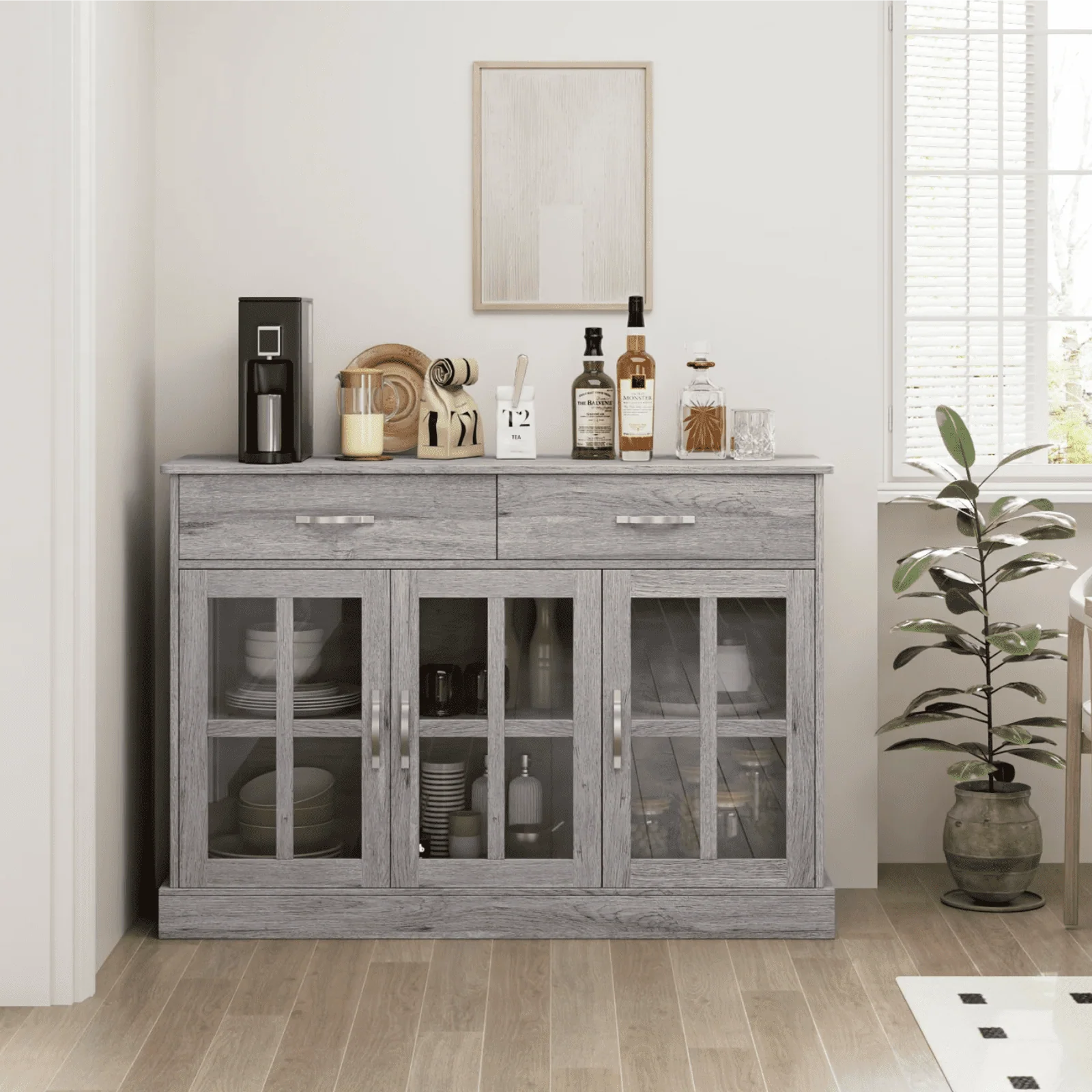 Homfa Buffet Server Cupboard, Kitchen Sideboard Cabinet with 3 Doors and 2 Drawers for Dining Room, Sliver Gray Finish