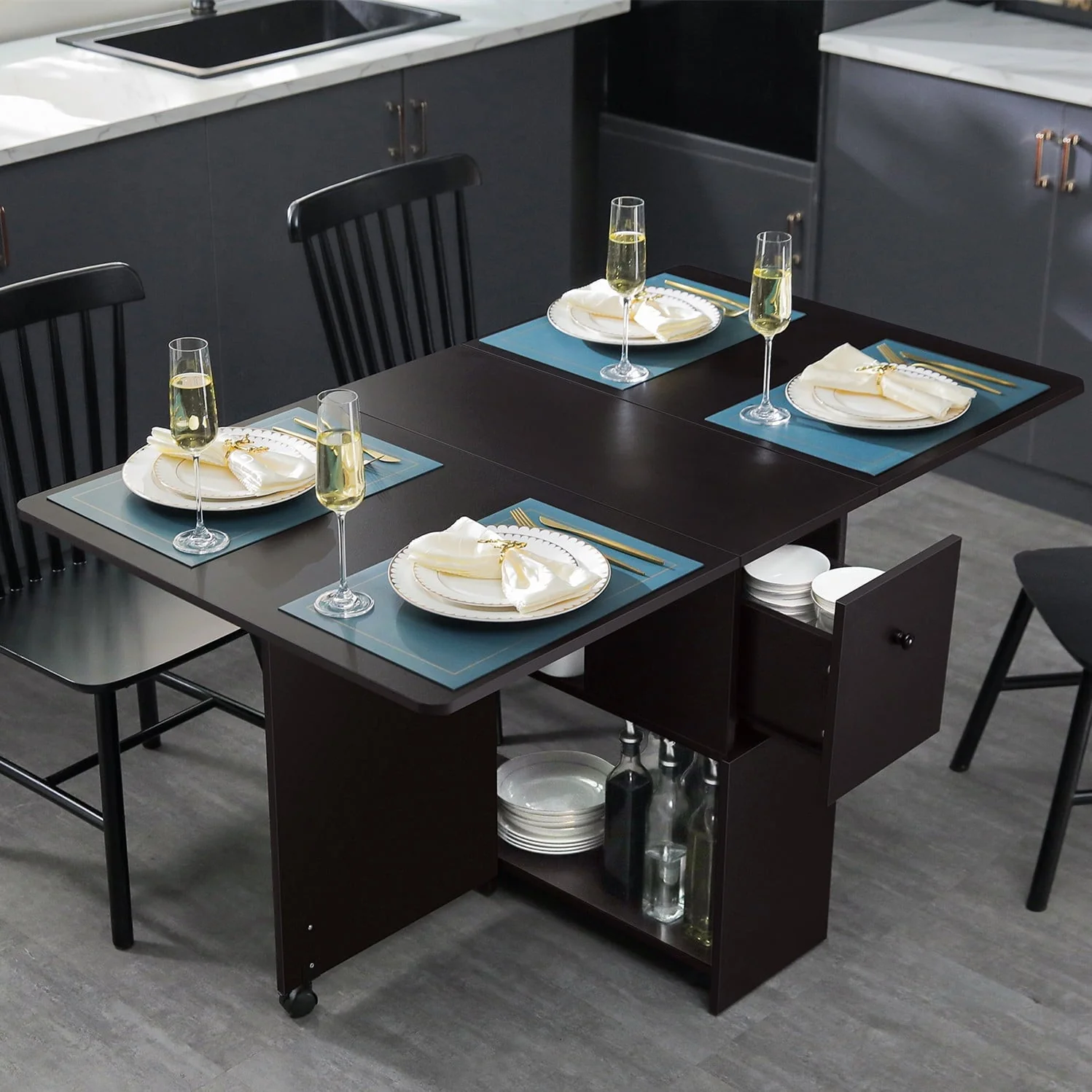 Dinaza Folding Dining Table Drop Leaf Kitchen Table with 2 Drawers for Small Spaces with 6 Wheels and 2-Layer Storage Racks Multifunction Space Saving Table Extension Dinner Table Black Walnut