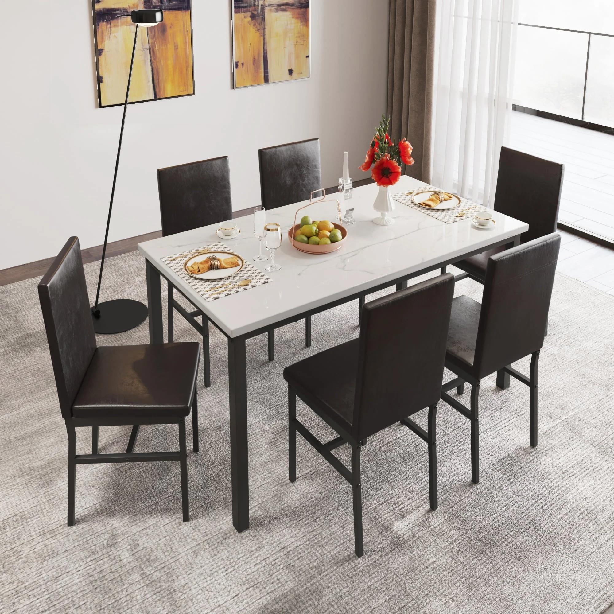 7 Piece Kitchen Dining Table & Chair Set, Dining Room Table Set with Faux Marble Tabletop PU Leather Padded Chairs, Rectangle Dining Table Set for 6, Dinette Set for Kitchen Dining Room Small Space