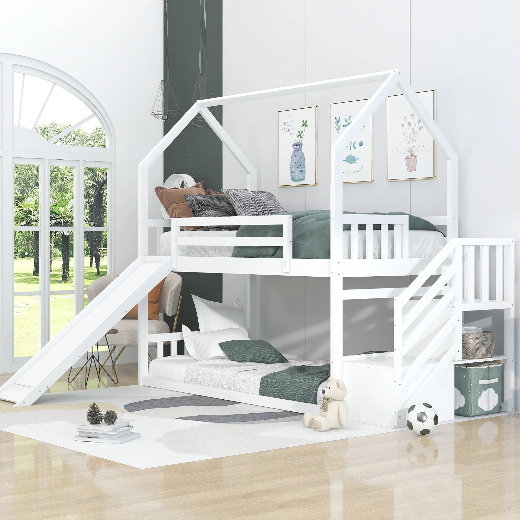 EUROCO Twin over Twin House Bunk Bed with Staircase for Kids Bedroom, Solid Wood Bunk Bed with Storage for Child, White