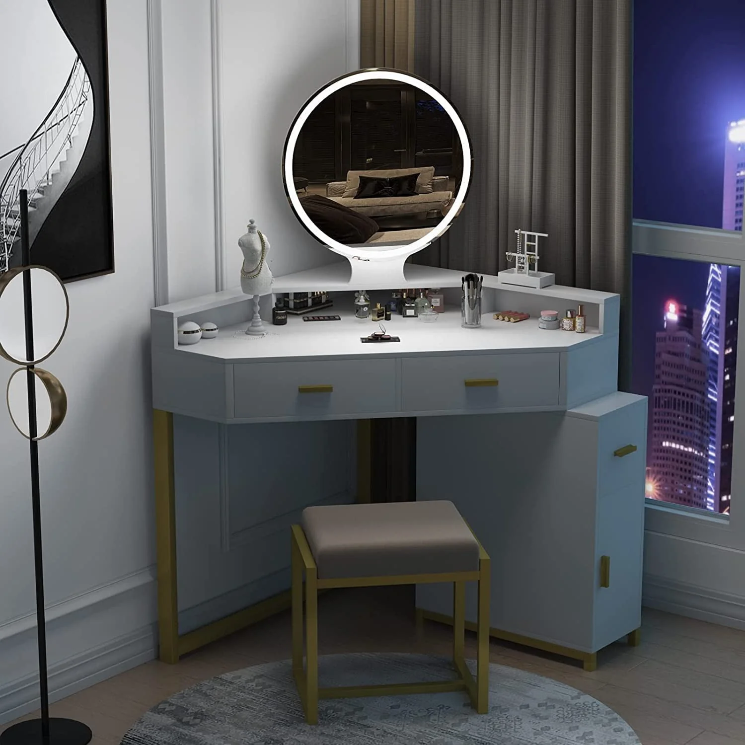 Corner Vanity Set with Lighted Mirror, Makeup Vanity Dressing Table with Drawers, Cabinet and Cushioned Stool, Girls Vanity Desk for Bathroom, Bedroom, White by TZUTOGETHER