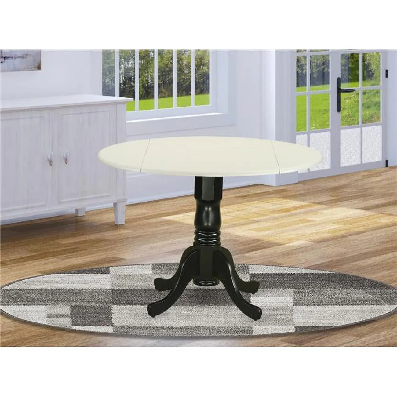 DLT-LBK-TP Dublin Round Table with two 9" Drop Leaves in Linen White and Black Finish