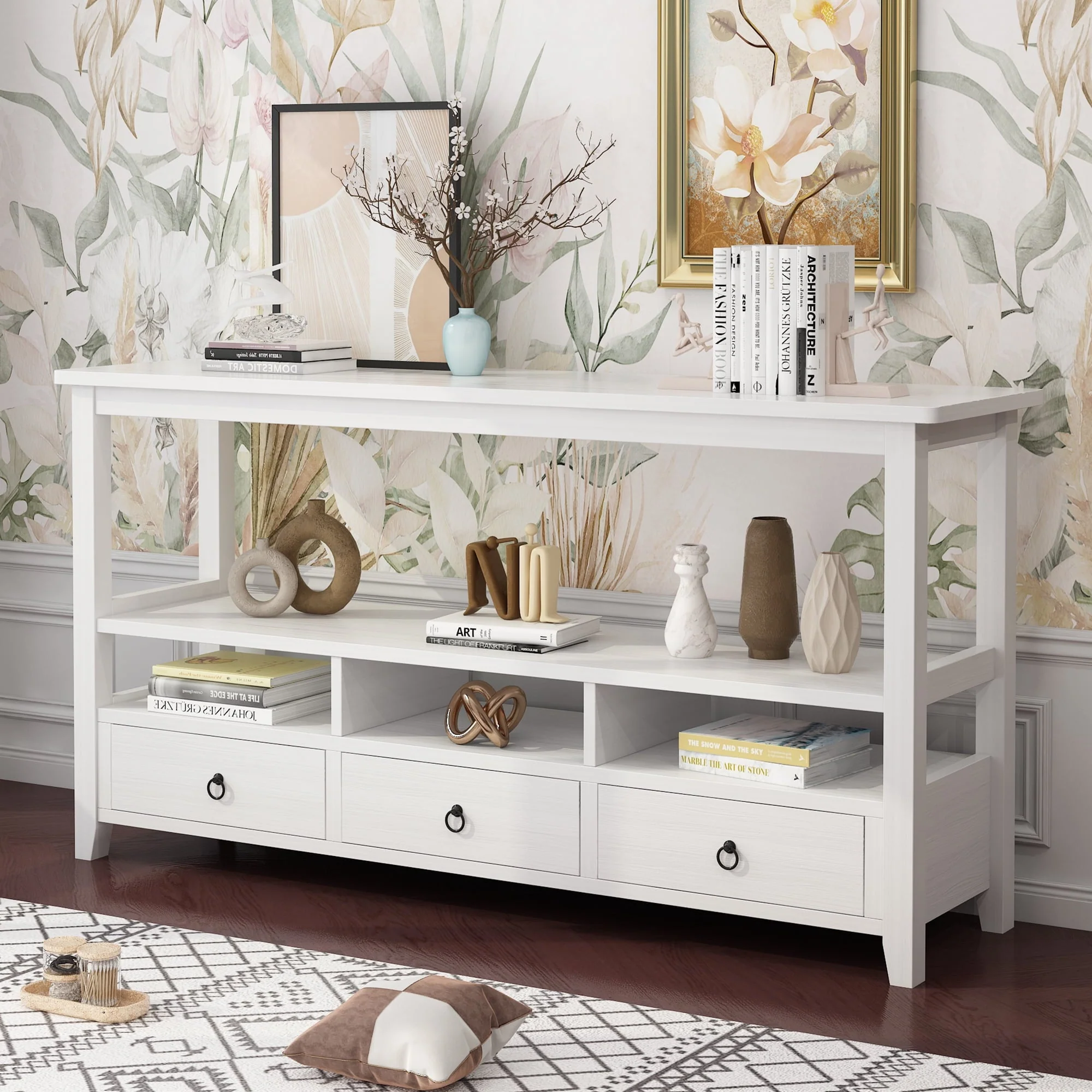 Ktaxon Modern Long Console Table with 3 Drawers, 58" Sofa Table Entryway Living Room Table with Shelves for Hallway, Foyer, Office, White