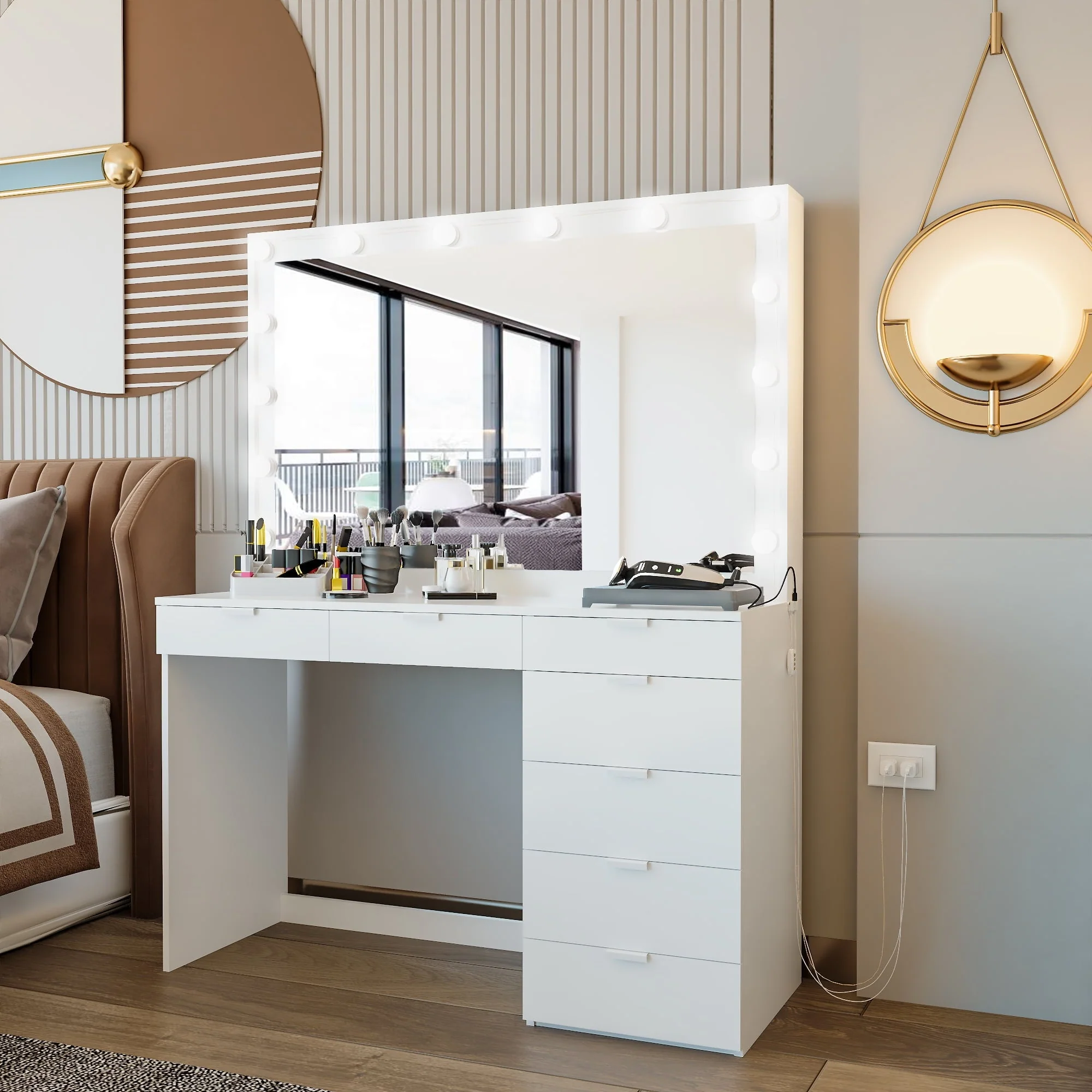 Ember Interiors Peggy Modern White Painted Vanity Table, Lights, USB Port, for Bedroom