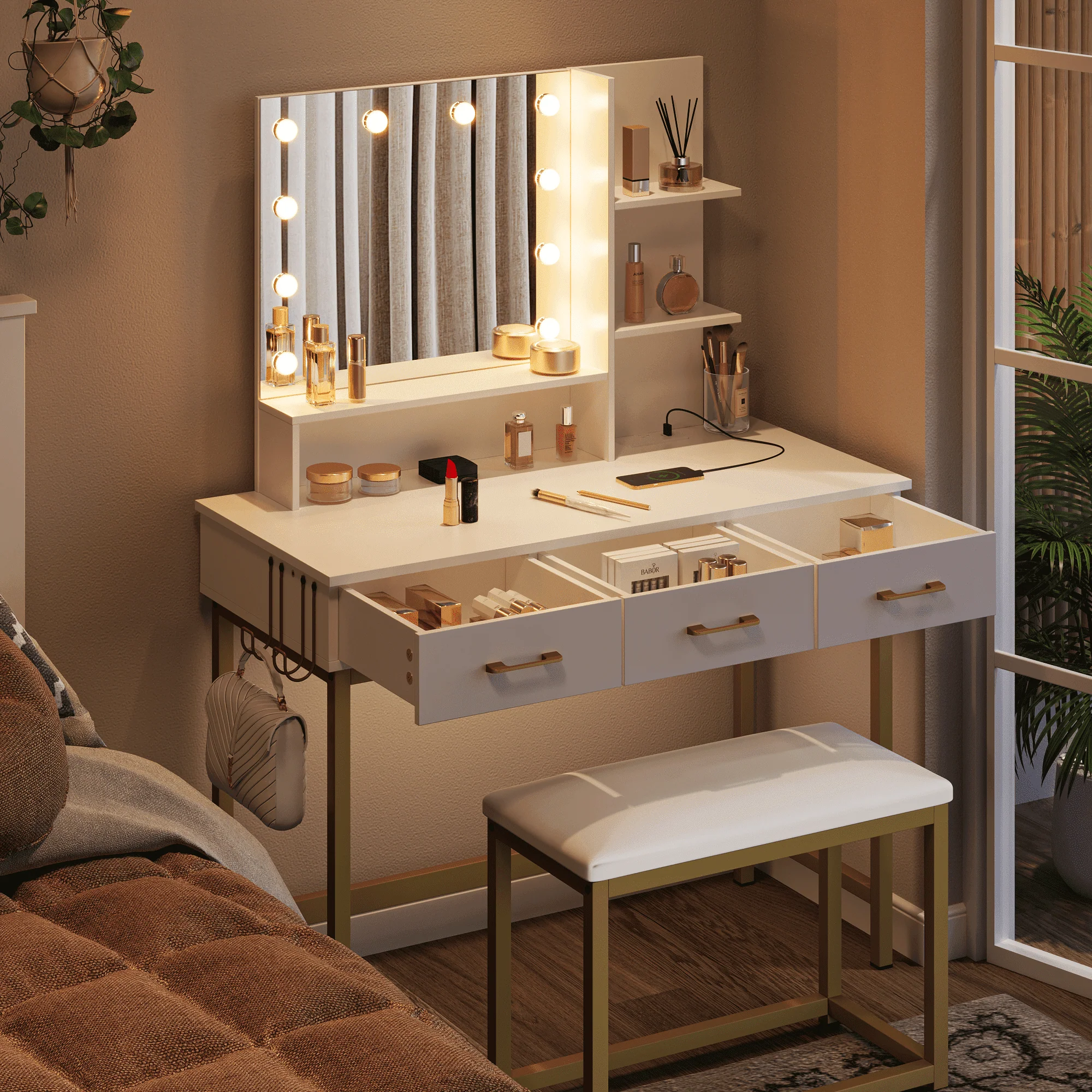 Bestier Vanity Set with Lighted Mirror & Power Outlet, Makeup Table with Drawers & Cushioned Stool for Bedroom in White