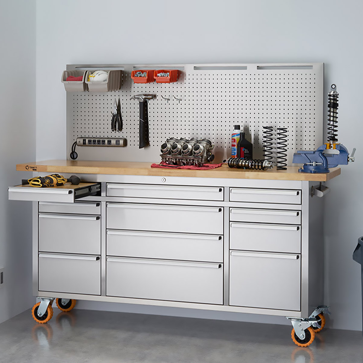 TRINITY PRO 72' Stainless Steel Workbench with Pegboard