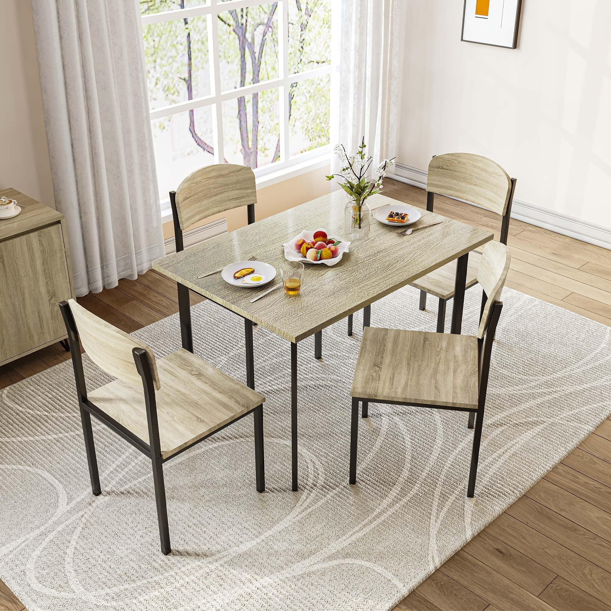 Dextrus 5 Piece Dining Set, Modern Wood Metal 42" Rectangular Table and 4 Chairs,Kitchen Breakfast Furniture-Light Brown