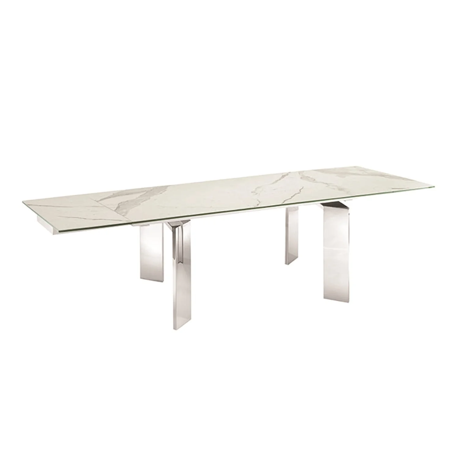 Casabianca Home Dining table with stainless base and rectangular white marbled porcelain top.