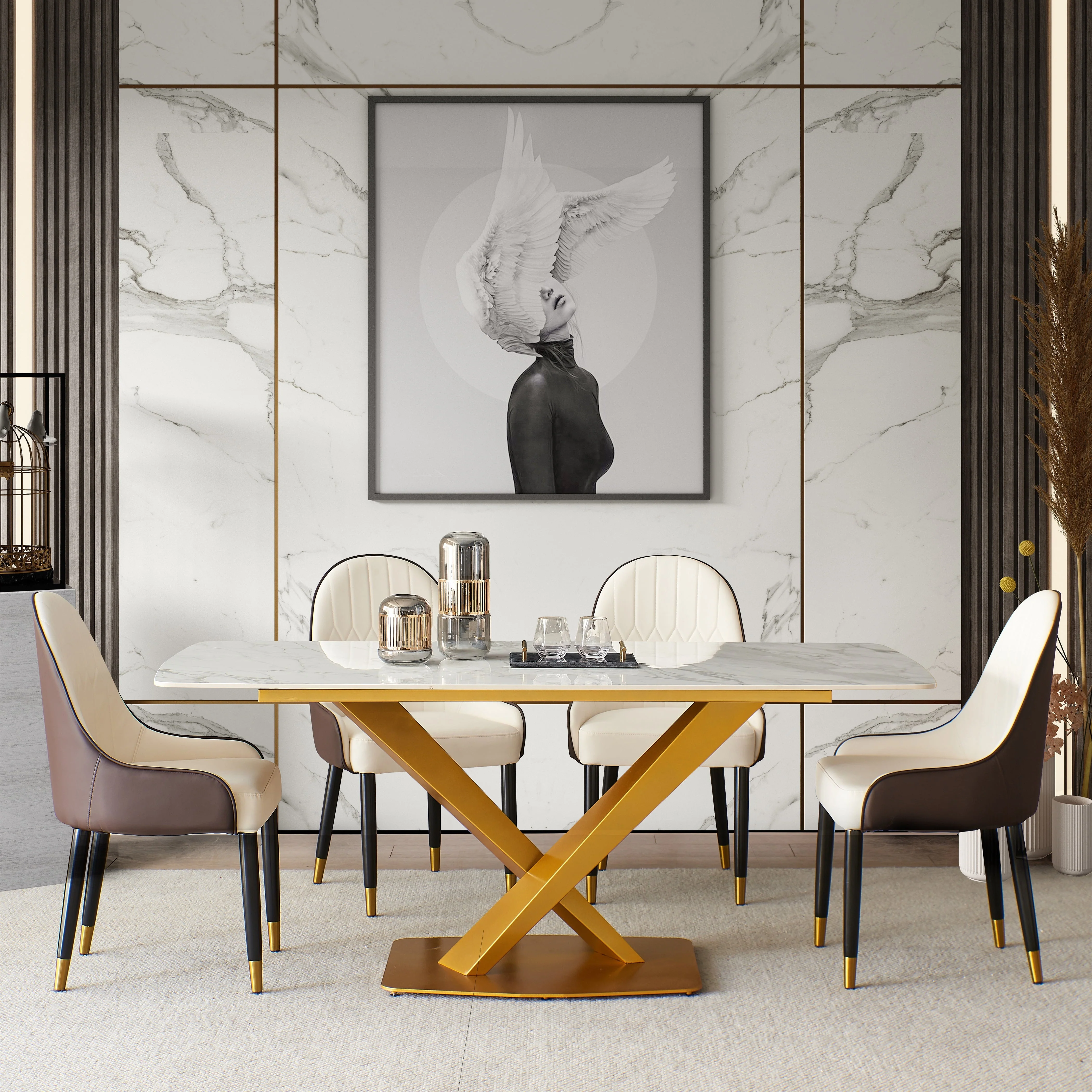 Leavader 63" White Stone Dining Table Set with 4 Chairs
