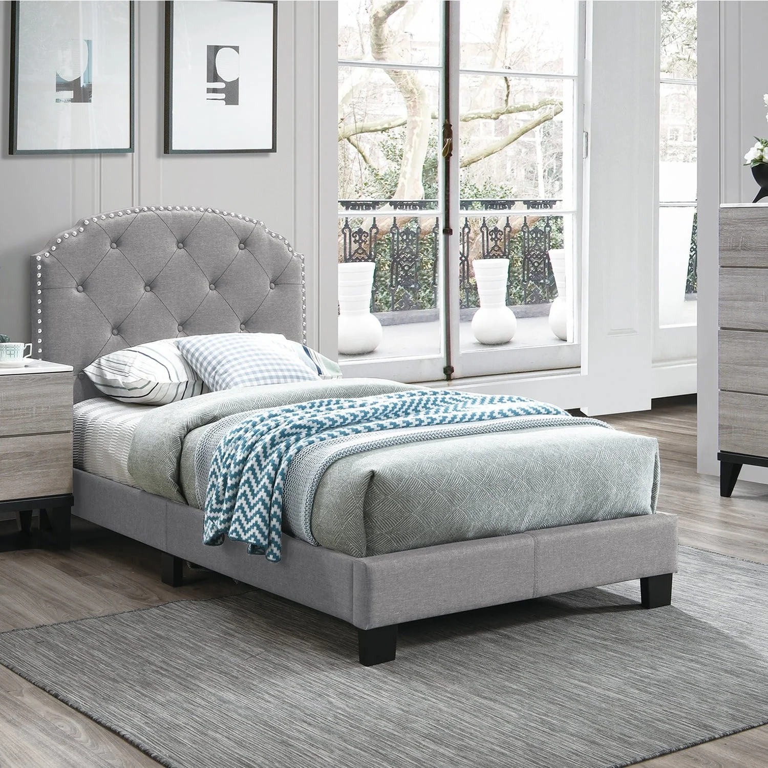 Poundex F9573T Youth Upholstered Bed Frame with Slats in Light Gray Burlap Fabric - Twin Size