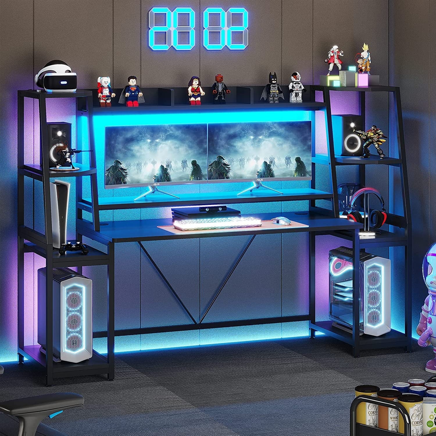 SEDETA 78.8'' Gaming Desk with Hutch and Storage Shelves,LED Lights Computer Desk Gamer Desk, Black