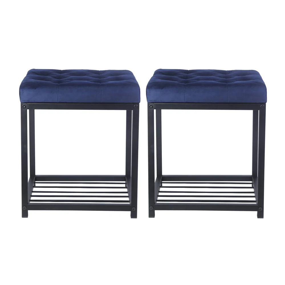 GIA Design Group 17 inch Tufted Square Ottoman with Metal Frame, Navy Blue, Set of 2