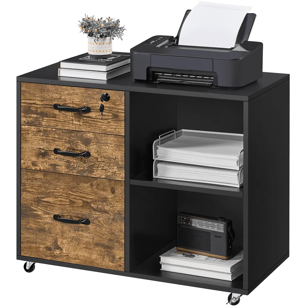 Smile Mart Rolling File Cabinet with 3 Drawers, Black/Rustic Brown
