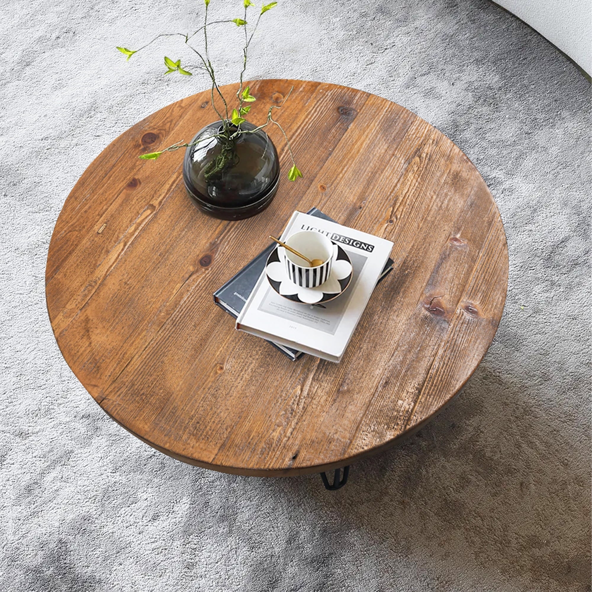Greenage Old Pine Wood Round Coffee Table-27.6"x27.6"x15.5"H