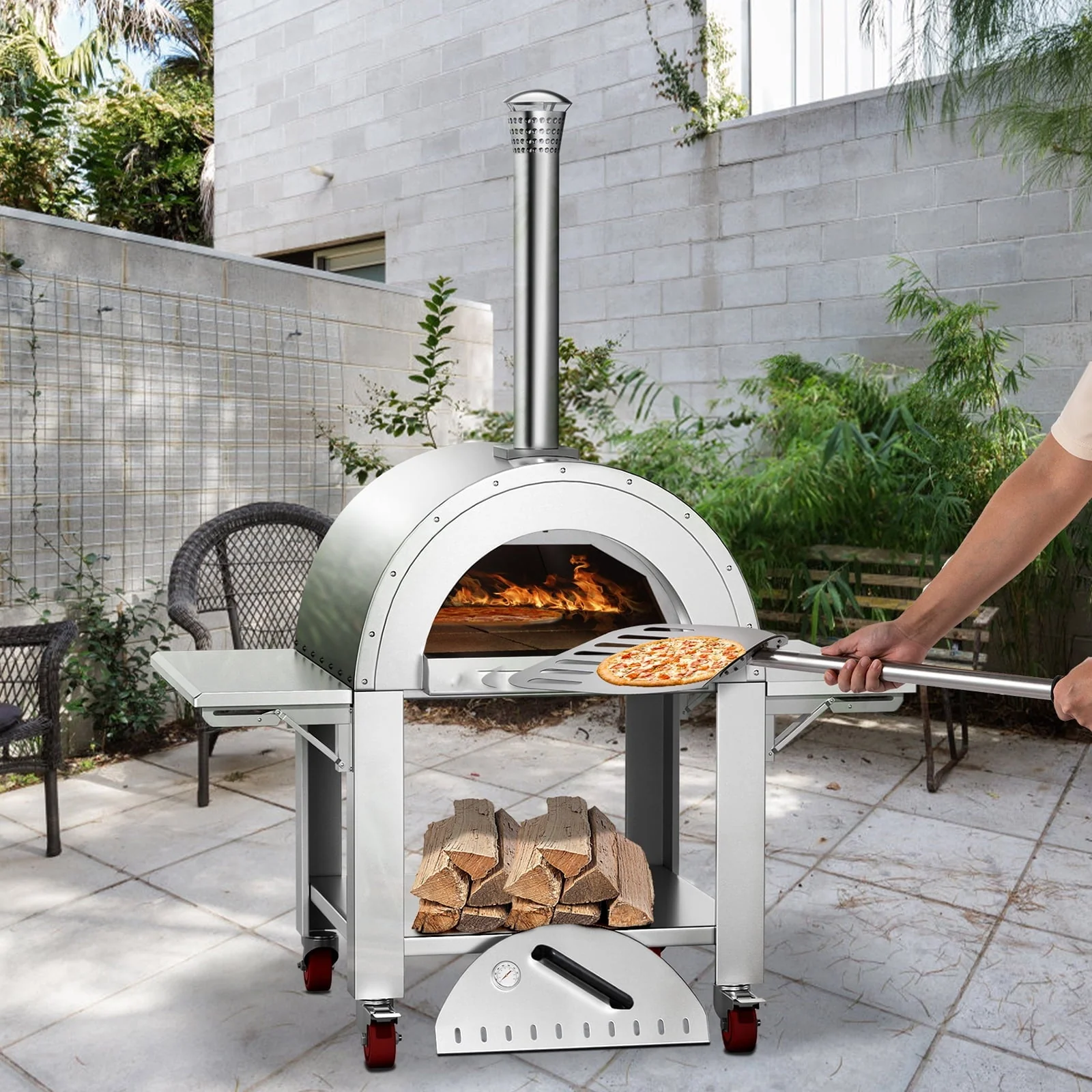 BENTISM Outdoor Pizza Oven Wood Fired Pizza Oven Movable Stainless Steel 32"