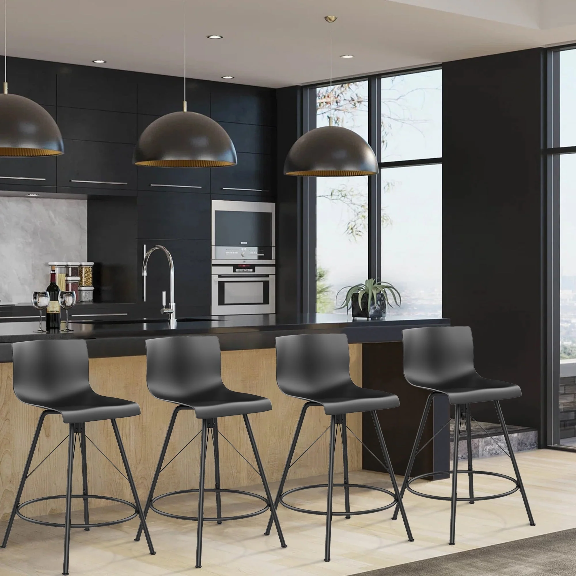 Andeworld 24" Swivel Bar Stools with Backs Plastic Counter Height Stools Set of 4 Metal Legs Black