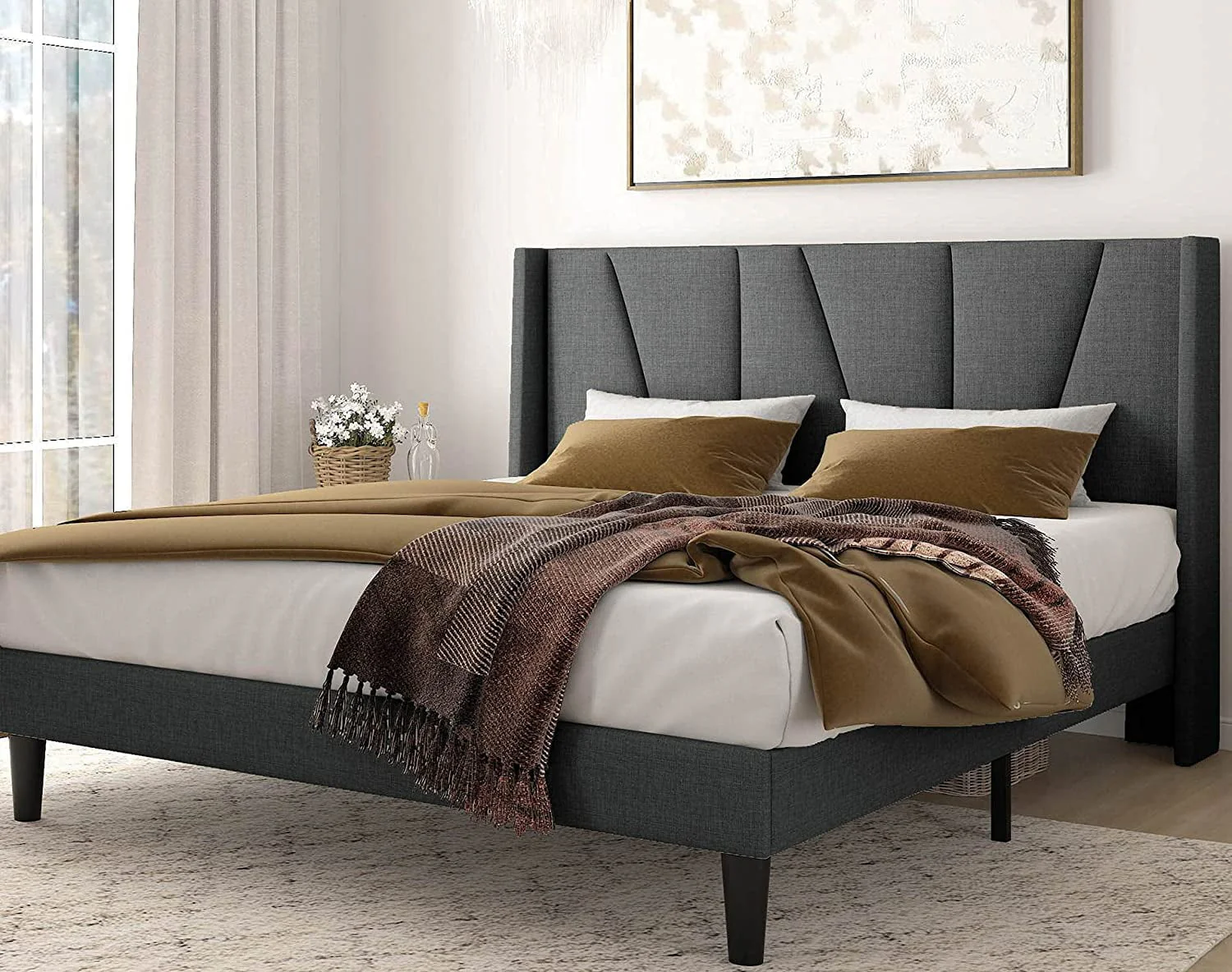 Amolife Queen Size Upholstered Platform Bed Frame with Wingback & Geometric Headboard, Dark Grey