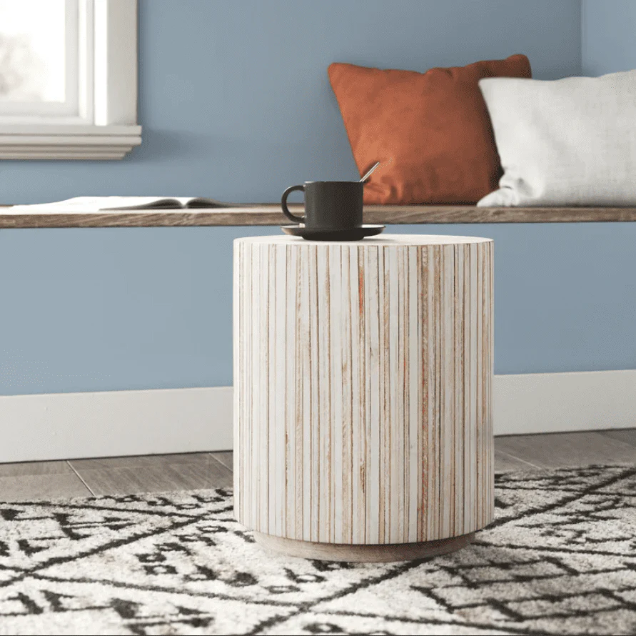 Juliette 18.5" Tall Round White Wash Teak Wood Drum End Table by East at Main, Rustic End Side Table