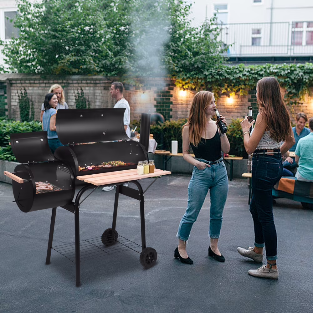 Barbeque Charcoal Grill with Smoker Combo, Oil Drum Charcoal Furnace with High-Temperature Spray Paint (500-600 Degrees)&Diameter 15cm Plastic Wheels, Black