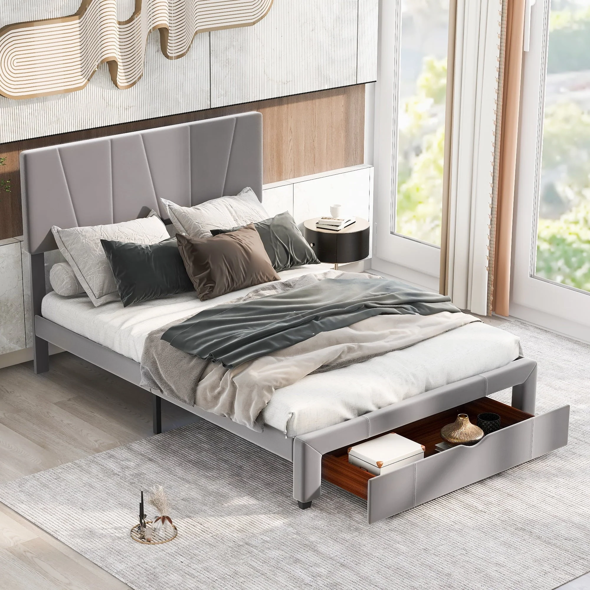 EUROCO Upholstery Queen Size Platform Bed with Drawer for Living Room, Gray
