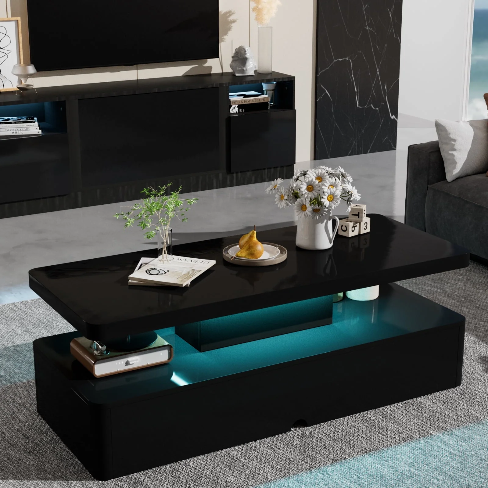 Oneinmil Modern Stylish Coffee Table with 12 Colors LED Lights, Double-Layer Design for Living Room, Black High Gloss Acrylic