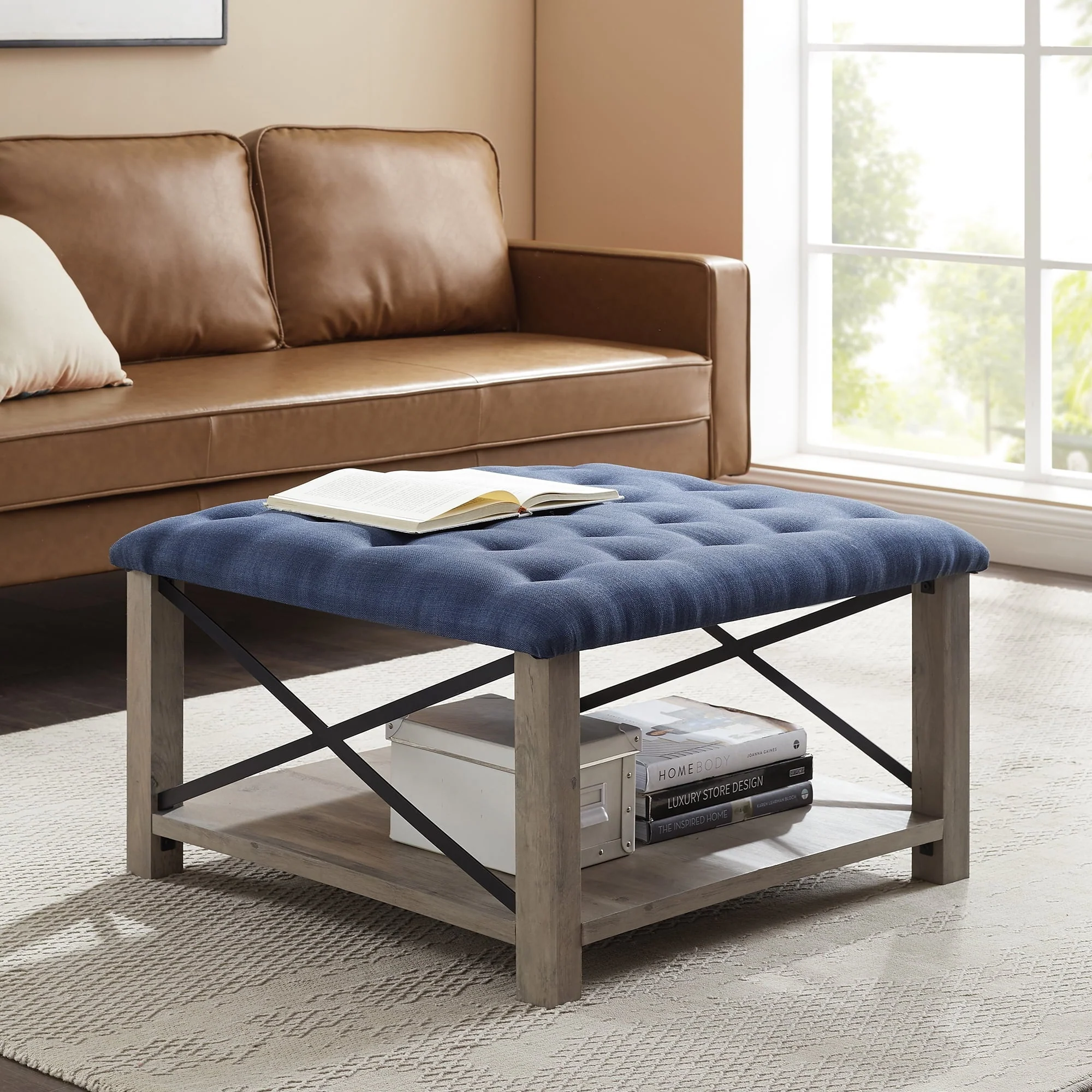 Manor Park Farmhouse 30" Square Tufted Ottoman - Blue