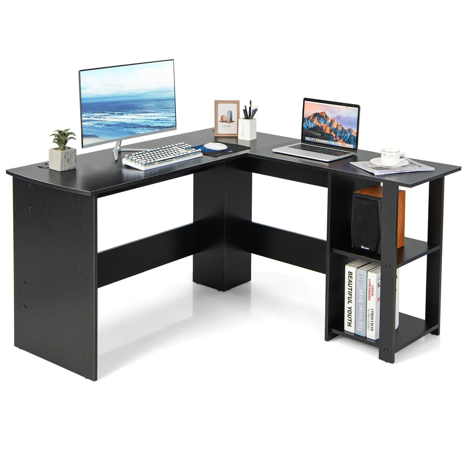 Gymax L-Shaped Office Computer Desk w/ Spacious Desktop & 2-Tier Open Shelves Black