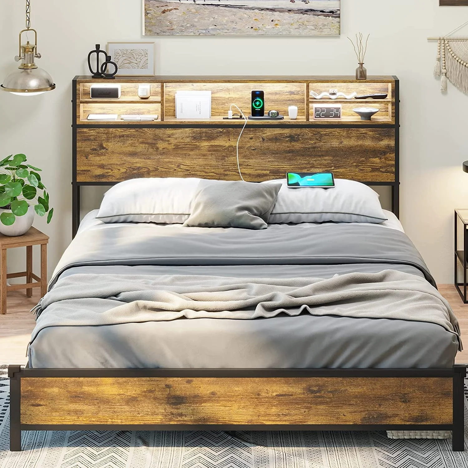 Full LED Bed Frame with Charging Station and Storage Headboard,Full Size Metal Platform Bed with LED Lights, Rustic Brown