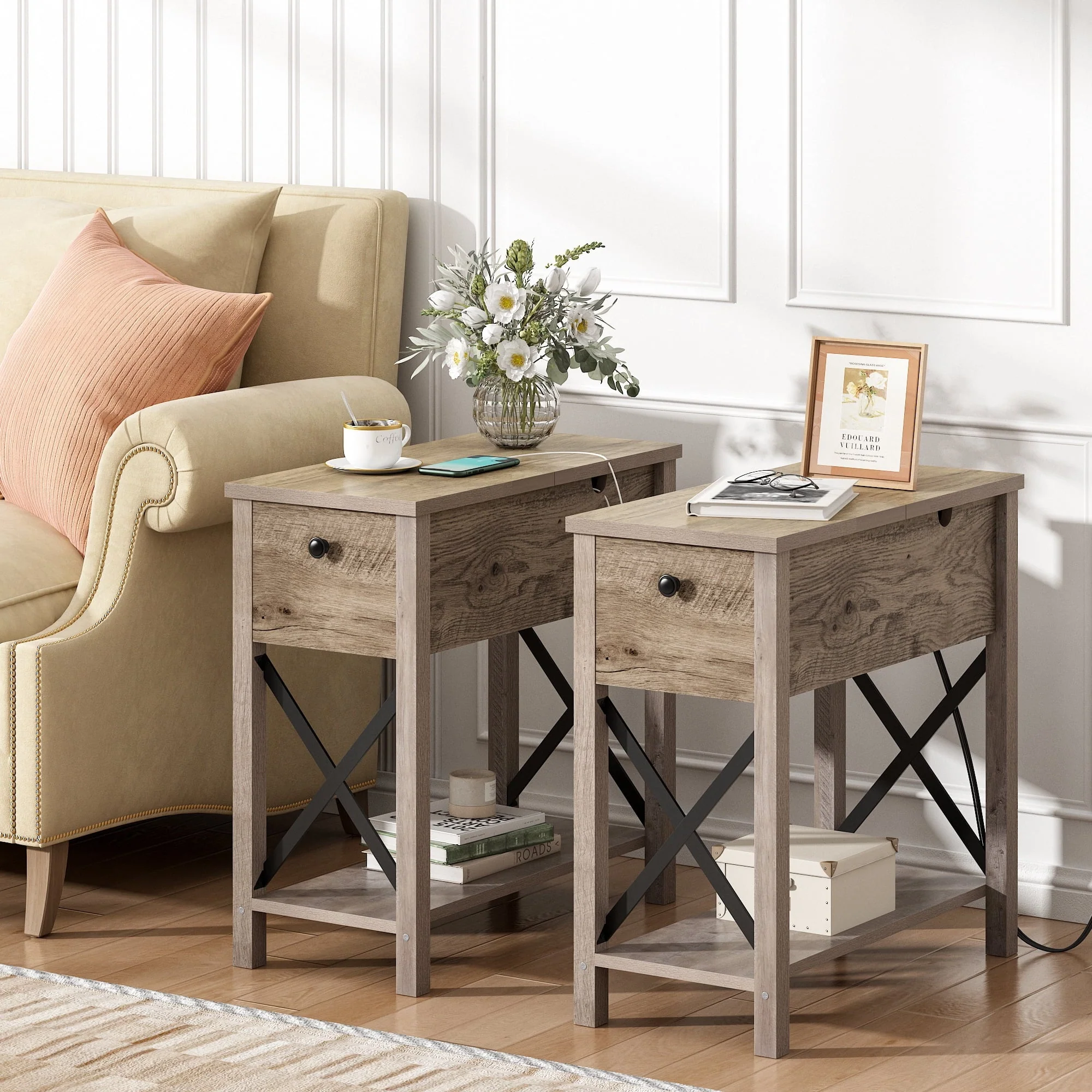 Jaxpety Set of 2 Side Tables with Charging Station, Narrow End Tables with USB Ports and Outlets, Nightstands for Bedroom Living Room, Moden Farmhouse, Gray