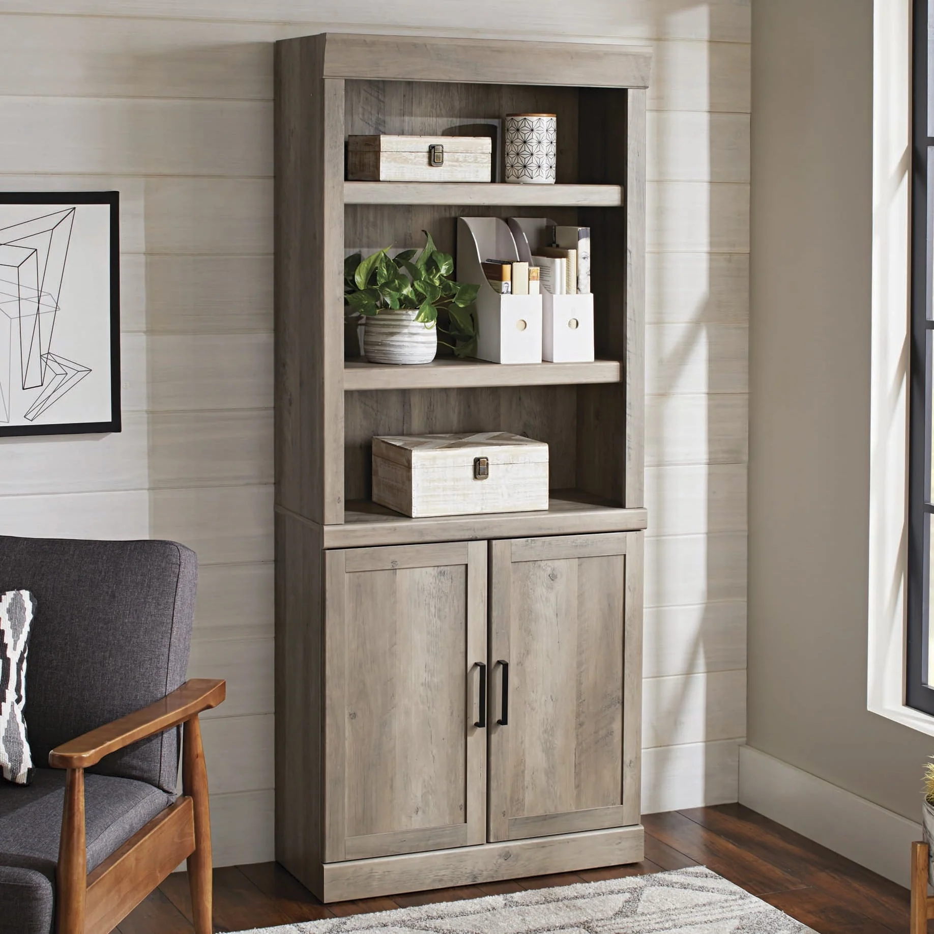Better Homes & Gardens Glendale 5 Shelf Bookcase with Doors, Rustic Gray Finish