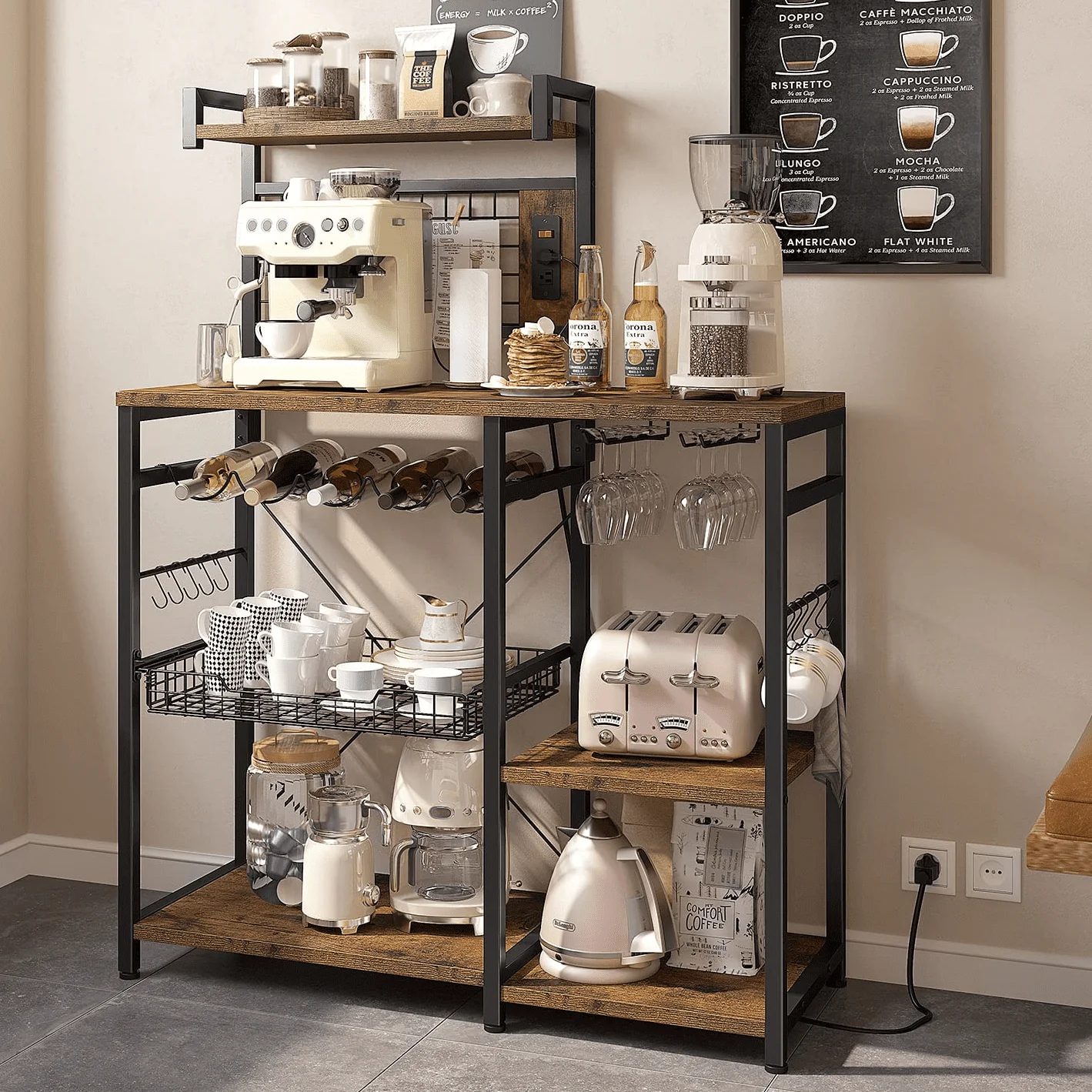 EnHomee Bakers Rack with Power Outlet Kitchen Baker’s Racks with Storage Shelves Microwave Stand with Wine Rack Heavy Duty Microwave Rack with 10 S-Shaped Hooks, Rustic Brown