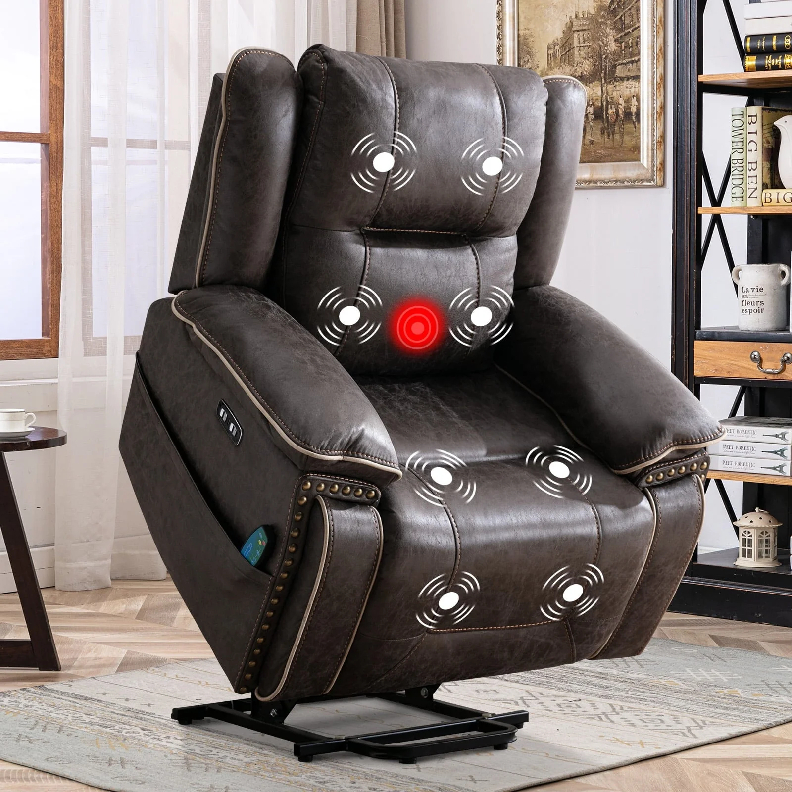 Ebello Large Electric Lift Recliner with Massage and Heating Function, Suitable for The Elderly, Brown
