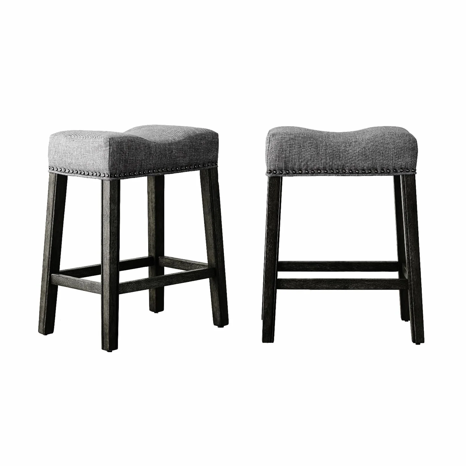 Roundhill Furniture CoCo 25.5" Counter Height Saddle Stool, Gray Fabric, Solid Rubberwood, Set of 2