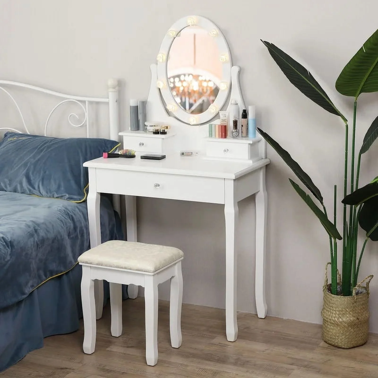 Ktaxon Makeup Vanity Table Set Mirror with LED Lights Dressing Table and Stool Set,Bedroom Vanities Tables with Benches