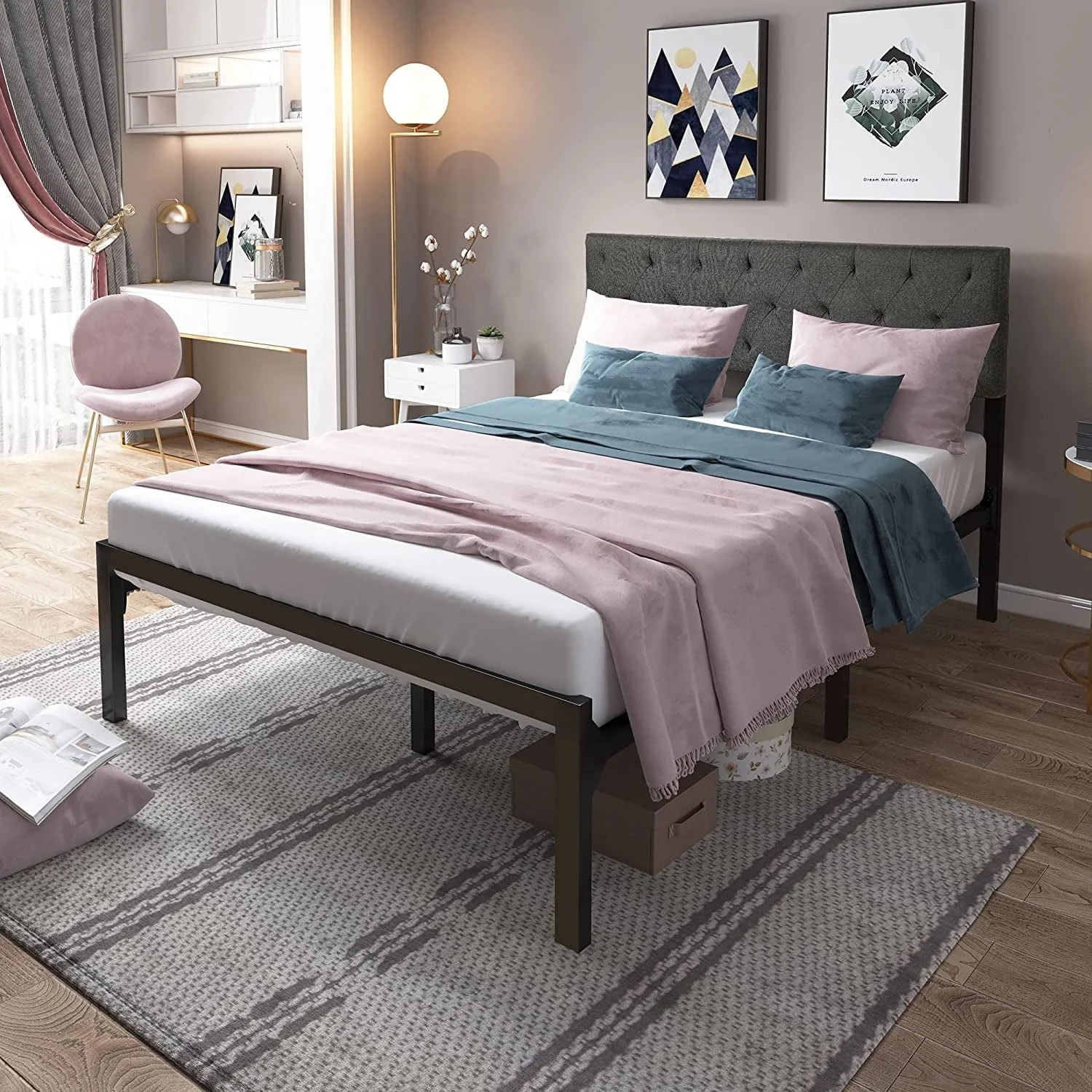 DWVO Upholstered Platform Bed Frame with Adjustable Headboard Metal Slat, No Box Spring Needed (Queen)