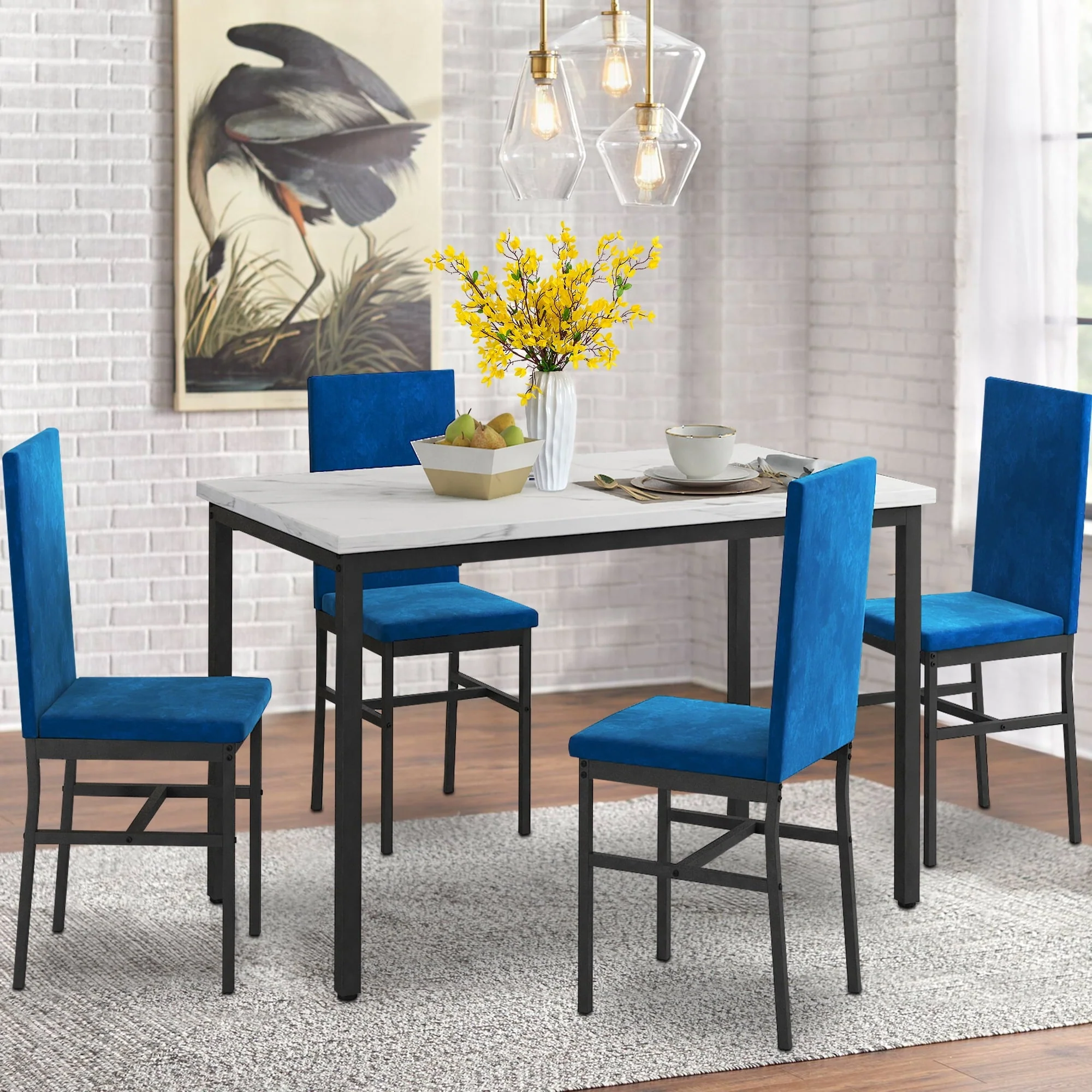 Rectangle Dining Table Set, 5 Pieces Dining Set, Dine Table and 4 Velvet Chairs, Compact Kitchen Table Set for Home, Breakfast Nook, Cafeteria Dining Room, JA4324