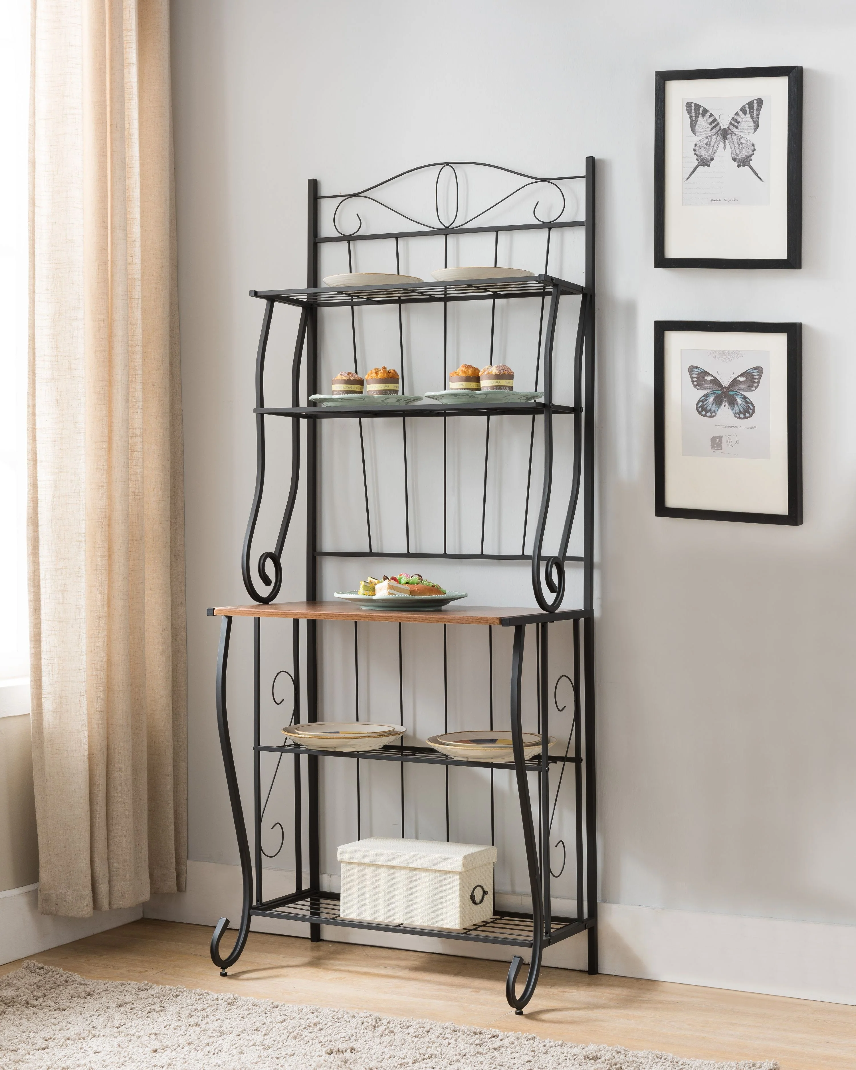Bian Black Metal & Walnut Wood Transitional 5 Tier Storage Kitchen Bakers Organizer Rack Display Stand