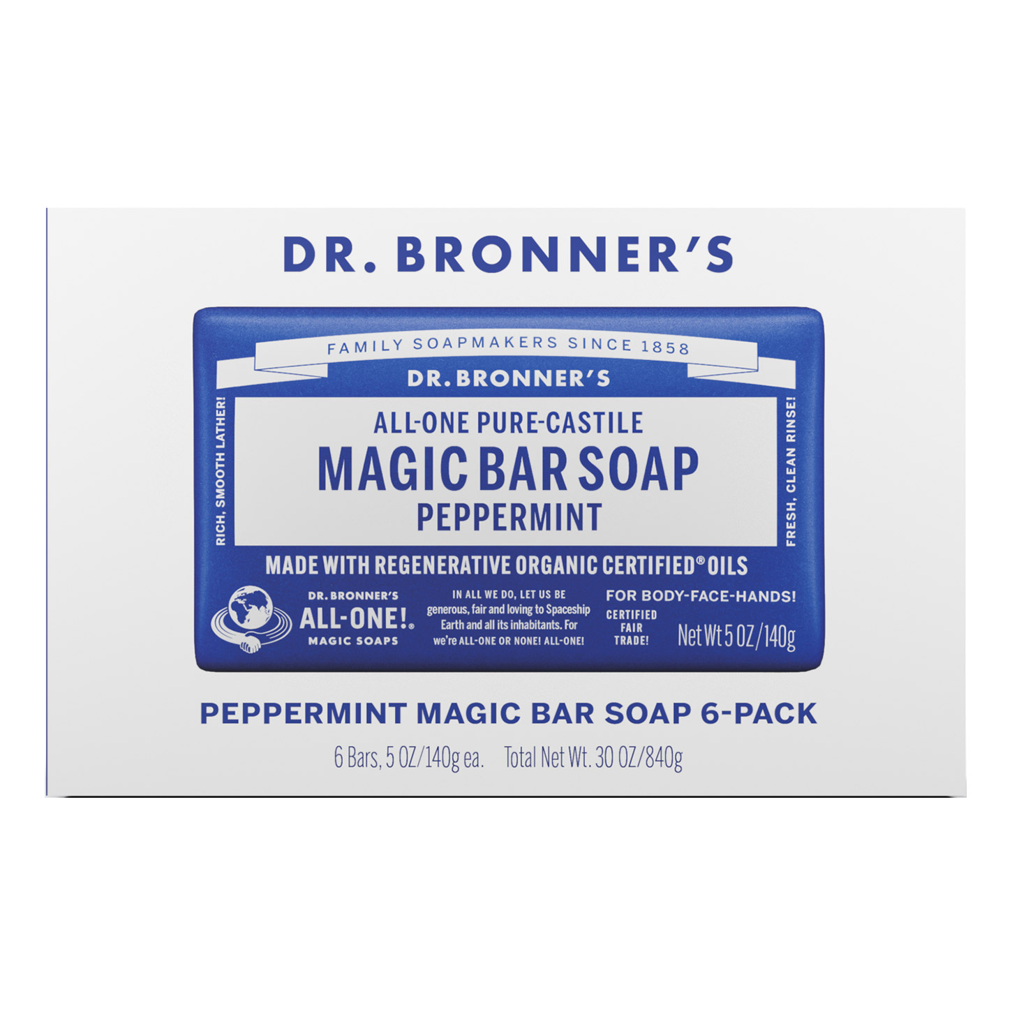 Dr Bronner's Pure Castille Peppermint Bar Soap, 6-pack