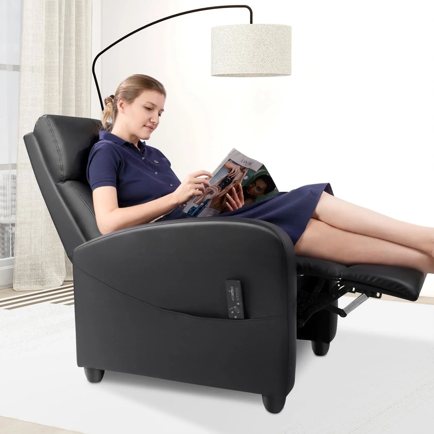 Recliner Chair with Massage, PU Leather Single Sofa with Padding Seat for Living Room Bedroom, Black